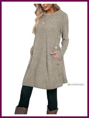 Ribbed Knit Tunic Sweater Dress Long Sleeve Side Button Pullover